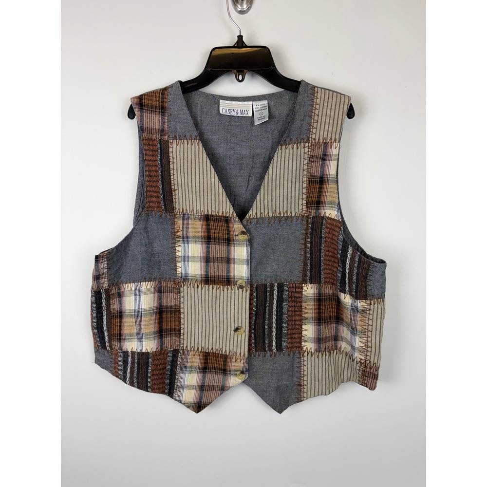 Casey & Max Patchwork Vest Large Gray Brown Plaid Boho Cottagecore Vintage 90s